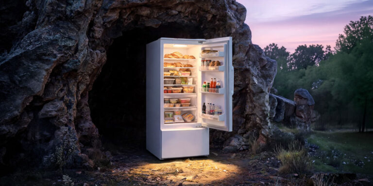 Kylskåp framför grotta